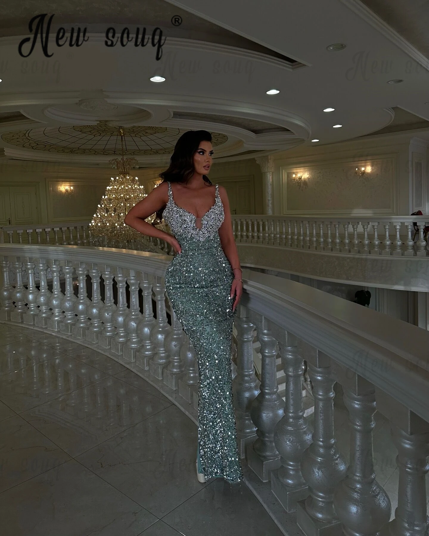 Deep V Neck Fashion Party Dress Long Sequins Mermaid Cocktail Dress Special Occasion Dresses Robe Soirée Female Engagement Dress