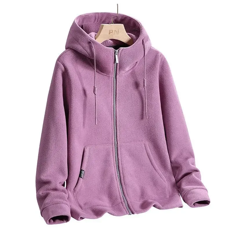 Sudaderas con capucha de lana de Cachemira lisa para mujer, chaqueta de otoño e invierno, transpirable, para caminar, cálido, con capucha, Top con cremallera, abrigo para mujer