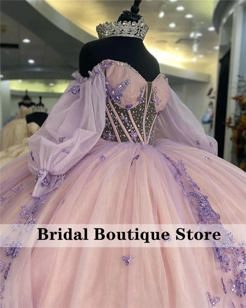 New Purple Princess Quinceanera Dress Ball Gown Beads Crystals Butterfly Appliques Pageant Sweet 15 Party Vestidos Customized