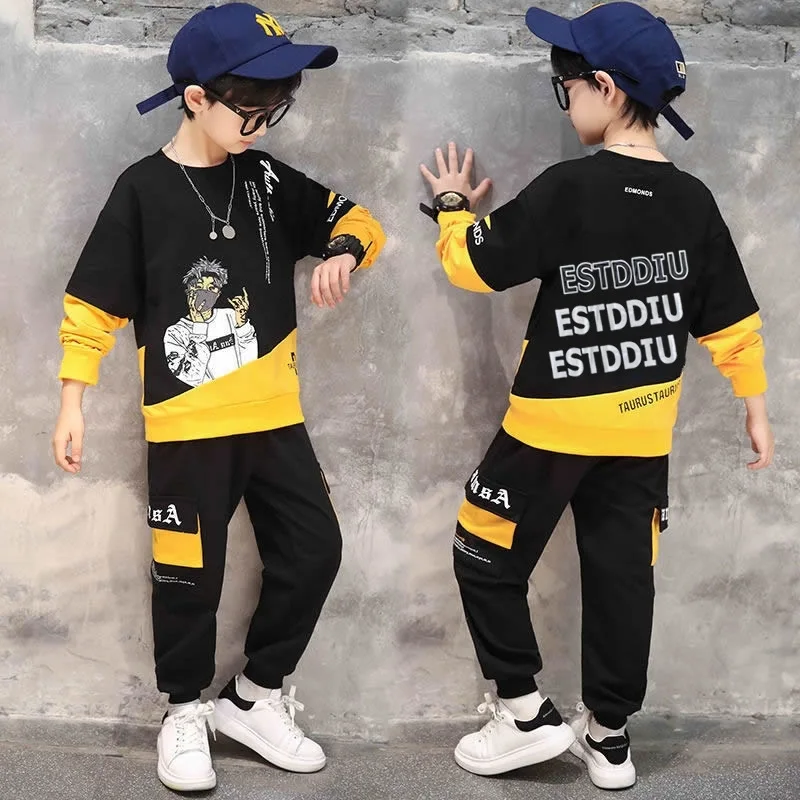 2024 autumn winter Boys Tracksuit velvet patchwork letters rainbow sweatshirt + Leggings Pants Suit Clothes children Set 12 14 Y