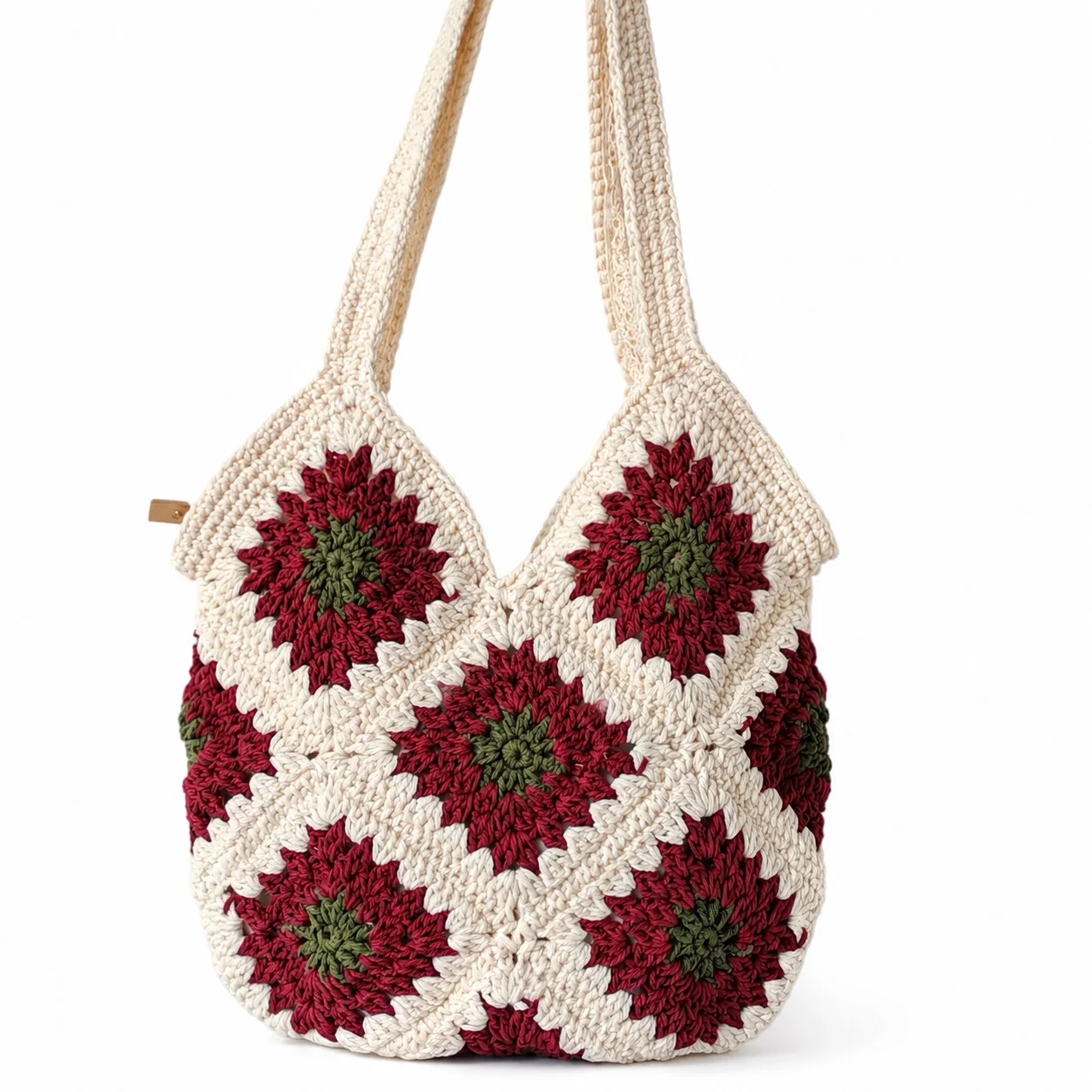 Floral Knit Shopper Purse Vintage Cotton Crochet Handbag Boho Chic Underarm Tote Bag with Zipper Top Casual Beach Pouch