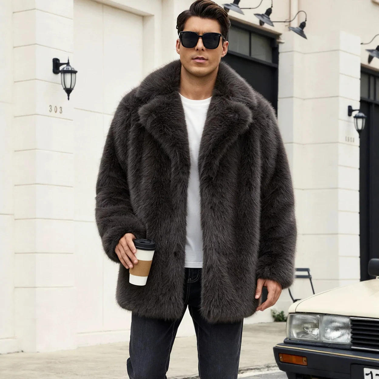 Chaquetas de piel sintética para hombre, con cuello abatible, de largo medio, manga larga, gruesas y cálidas, ideales para el trabajo, estilo Y2K, ropa urbana, para otoño e invierno.