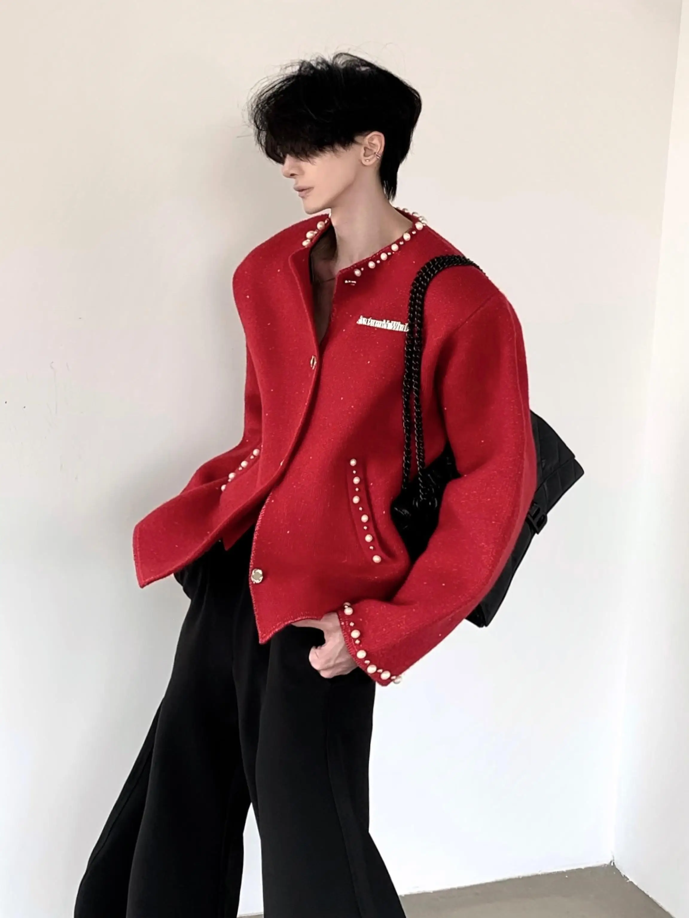 Autumn Mountain Wind New Year Atmosphere Pearl Red Knitted Sweater Cardigan Men's High-End Style Casual Winter Outerwear