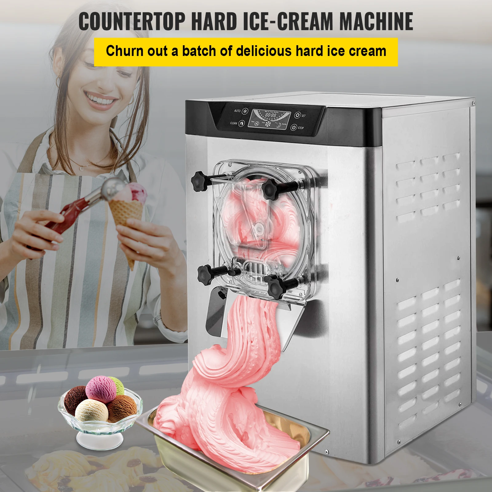 VEVOR 20 L/H Ice Cream Machine Table Top Hard Ice Cream Yogurt Maker 1400W Automatic Benchtop Gelato Home Appliance Commercial