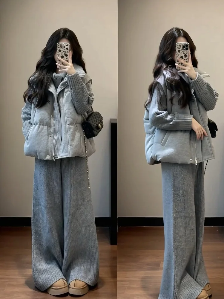 

Winter Faion plus Size Women's Cotton Jaet Knitted Sweater Casual Pants Tee Piece Set High Ne Button up Warmth