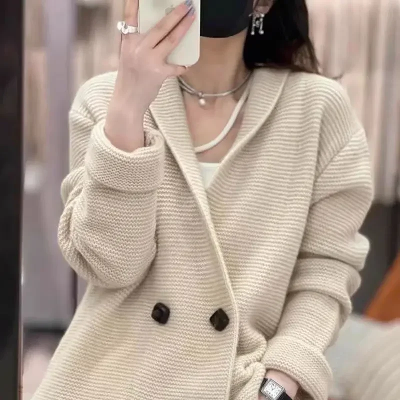 Autumn/winter New Knitted Top Jacket Elegant Loose-fit Slimming Ribbed Cardigan Sweater Women's V-neck Pullovers