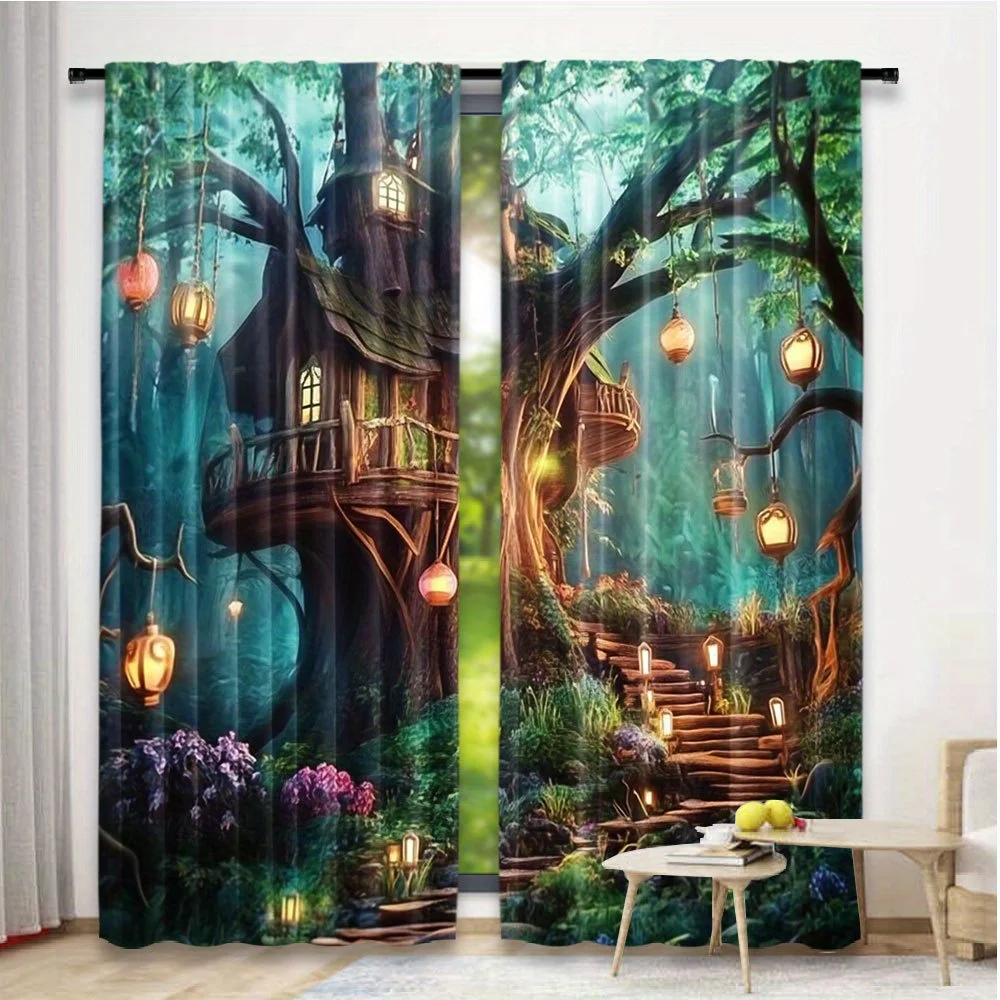 Fantasy Treehouse Curtains, Magical Forest Lantern Scene Window Drapes, Fairy Tale Room Decor, Blackout Fabric for Kids Bedroom