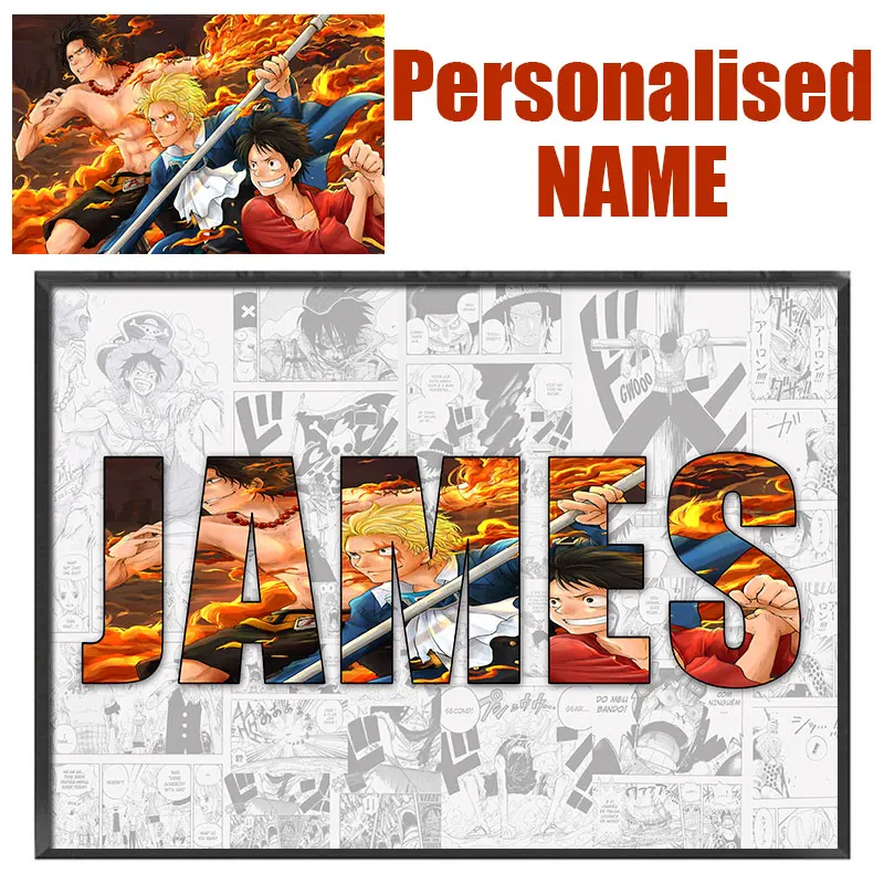 Customized NAME Word Anime One Piece Luffy Peripherals Posters Wall Art Customize Canvas Painting for Kids Bedroom Decor Gifts