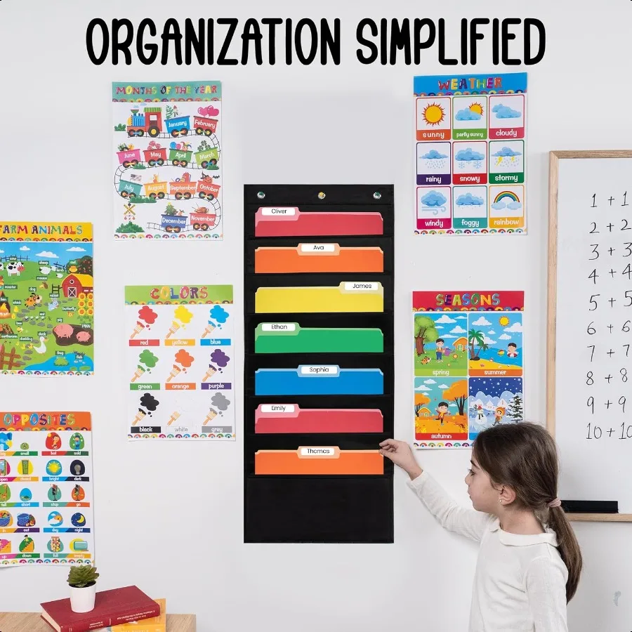 7 Pocket File Pocket Chart Black Tall Versatile Wall Hanging File Folder Organizer for Classroom Office Home and More Wall Fold