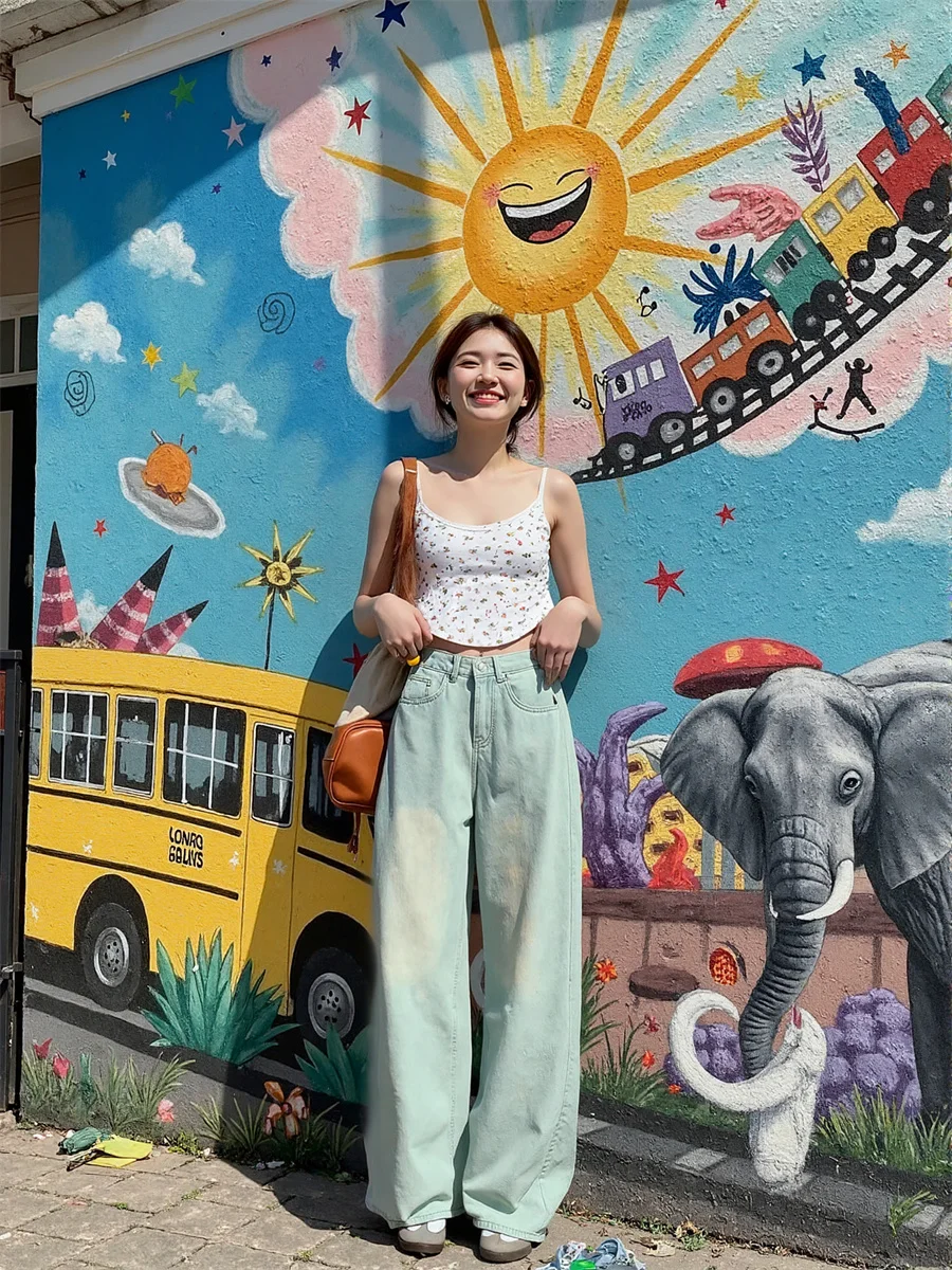 

Floor Wide Leg Distressed Jeans Womens Embroidered Printed Applique Beaded Pearl Artistic Elegant Chic Patchwork Minimalist