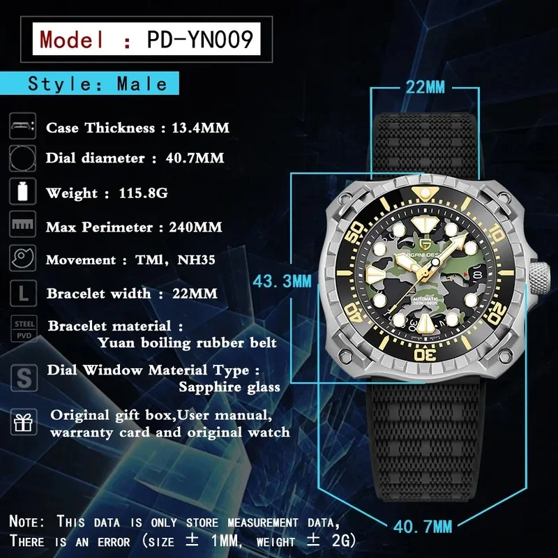 PAGANI DESIGN PD-YN009 Men's Automatic Mechanical Watch, Japan NH35 Movement, Military Camo Hollowed Dial, Sapphire Crystal