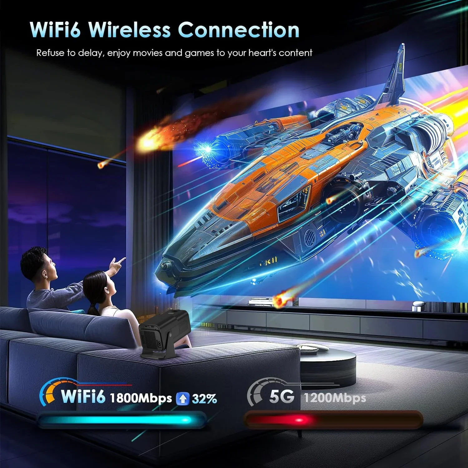 Y6S 300ANSI proyektor film rumah Android 12, proyektor portabel luar ruangan bioskop BT5.0 Wifi6 ganda