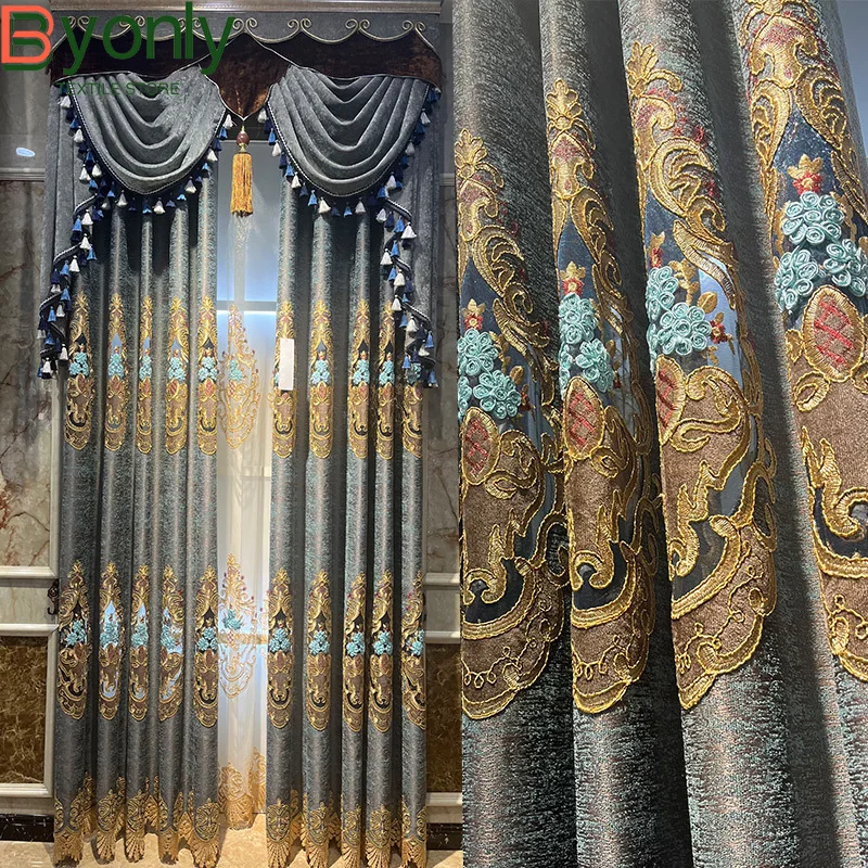 

Grey Embroidered Window Screen Hollowed Out Chenille Curtains for Living Room Bedroom French Window Balcony Villa Customized