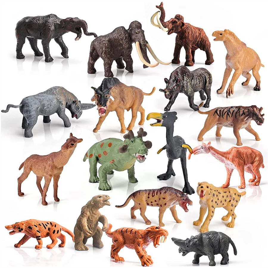 18PCS Realistic Mini Prehistoric Animals Toys Mammals Mammoth Smilodon  Figurines  Model Educational Cognitive Toys for Kids