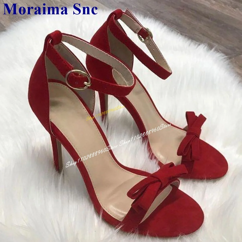 Casual Red Flock Butterfly Knot Decor Sandals Thin High Heel Women Shoes Ankle Buckle Strap Open Toe 2024 Zapatos Para Mujere