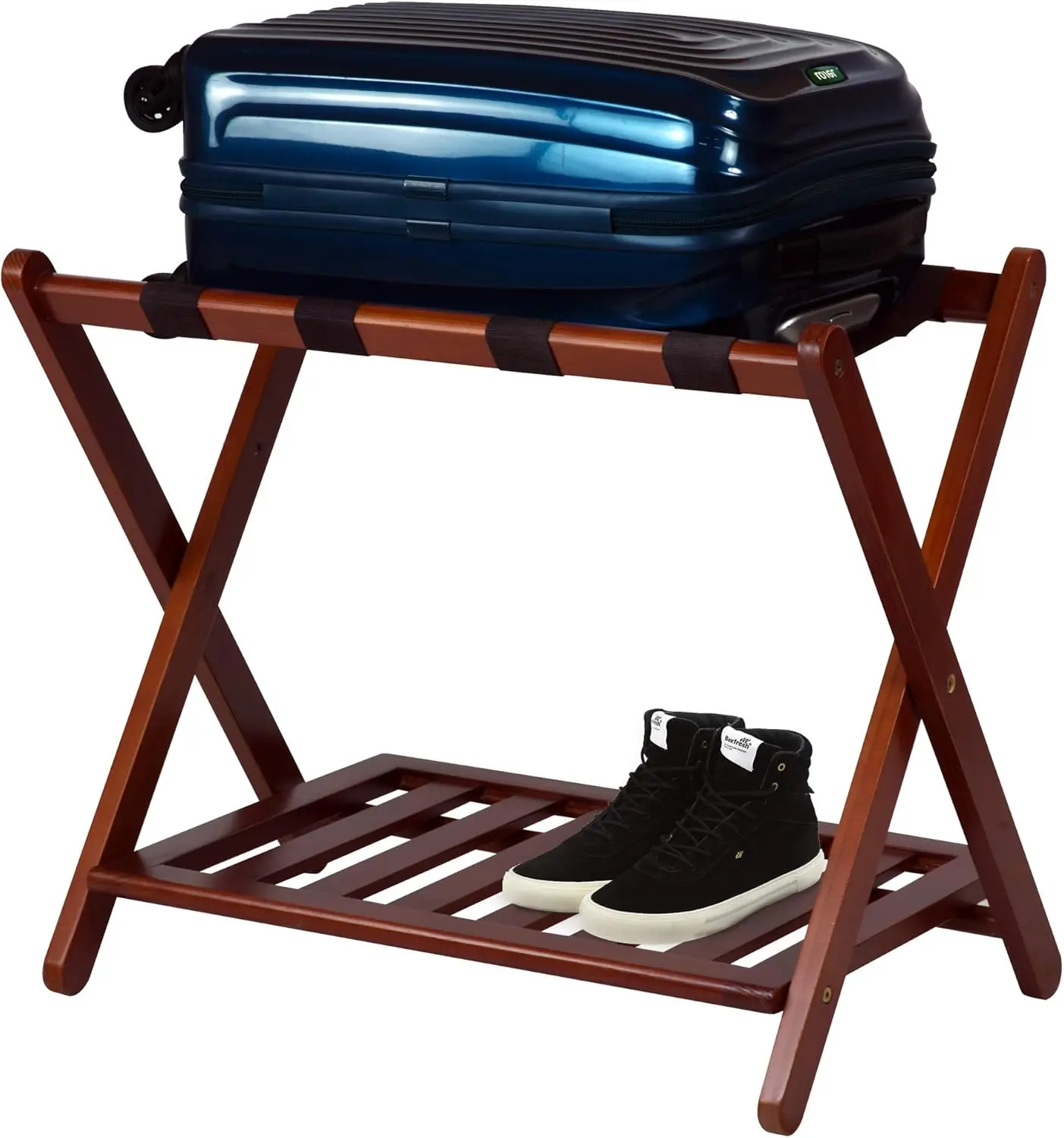 

Foldable Walnut Wood Luggage Rack with Shoe Storage, Easy to Move and Store