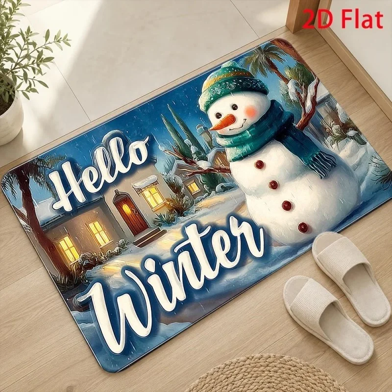 Hello Winter Snowman Doormat, Winter Village House Printed Floor Rug, Cold‑season Indoor Entryway Decor Mat