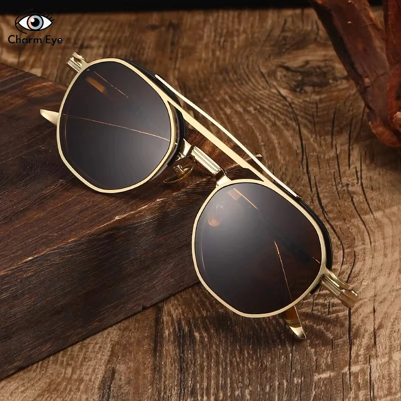 Magnetic Sunglasses Polygonal Pure Titanium Gold Frame Brown Lenses Optical Myopia Men Women Driving Special Clip on Sun Glasses