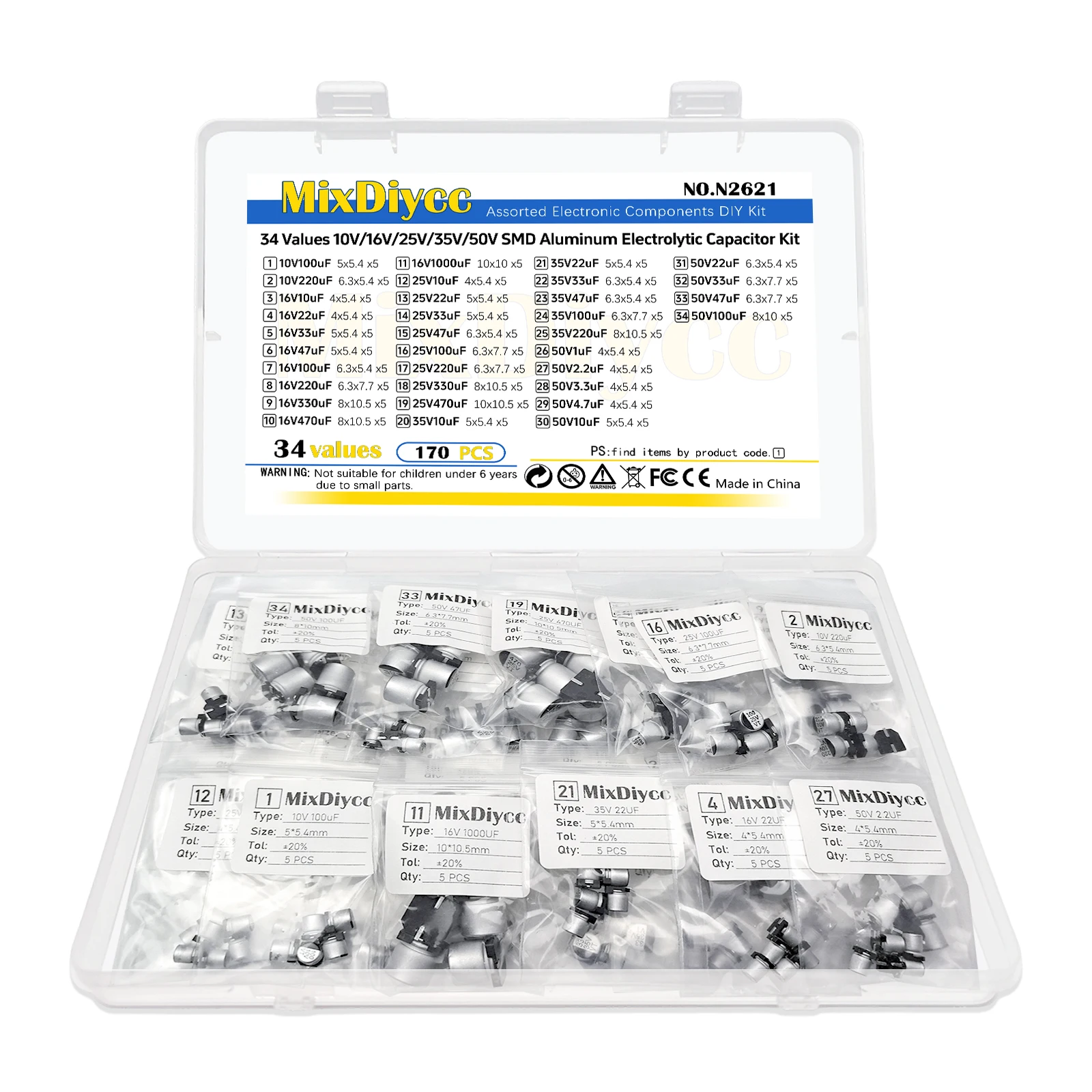 34 Values 16V/25V/35V/50V SMD Aluminum Electrolytic Capacitor Kit 1/2.2/3.3/4.7/10/22/33/47/100/220/330/470/1000/2200 uF 170Pcs