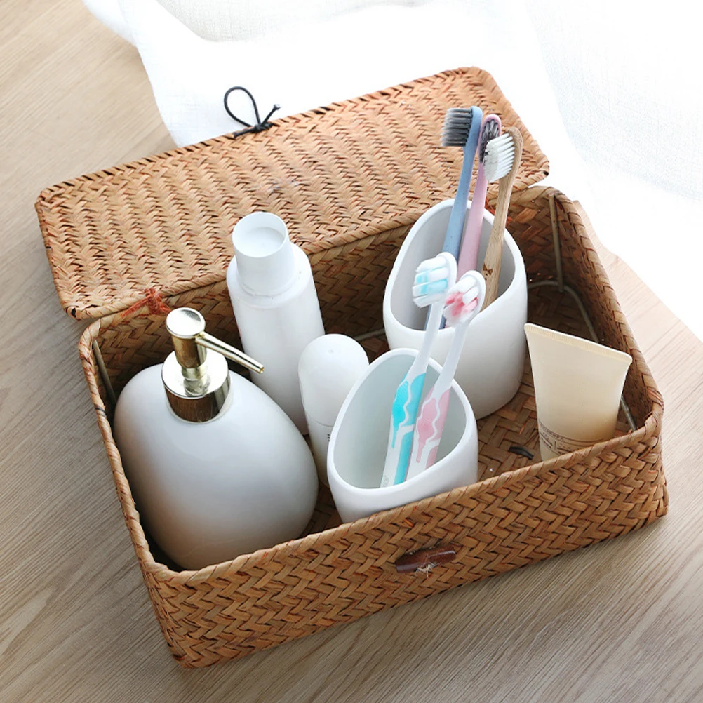 

Creative Bear Straw Storage Box Rattan Basket Woven Sundries ganizer Decorative Container Desktop Bin Household Square