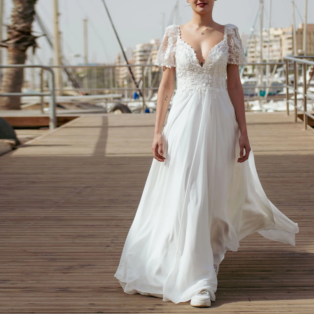 

Customized Short Sleeve Beach Wedding Dress Embroidery Lace Boho Bridal Gown V Cut Back A Line Chiffon vestidos de novia
