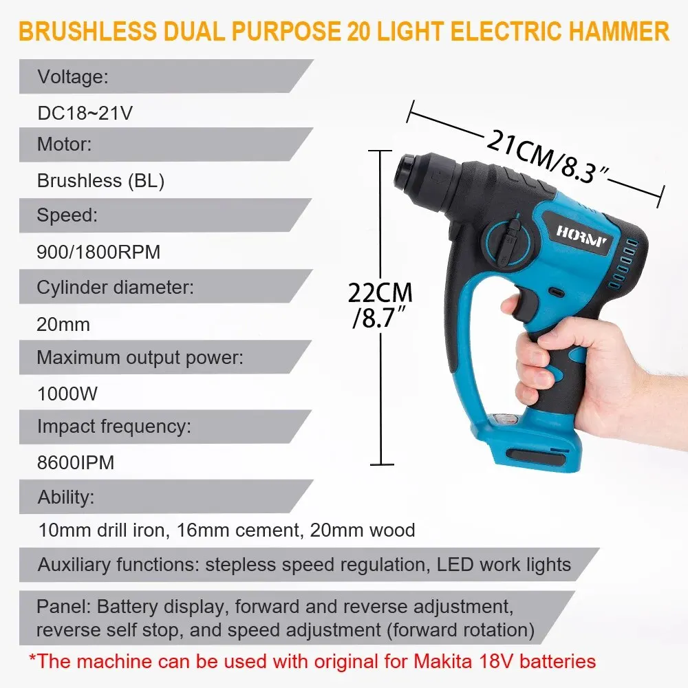 Hormy Brushless Mini Electric Rotary Hammer Concrete Cordless Percussion Drill Punch Power Tools For Makita 18V Lithium Battery