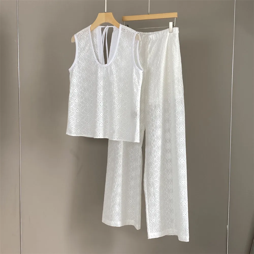 

Women's 25 Spring/Summer New Fashion Hollow Tank Top+Casual Versatile Elastic Waist Wide Leg Pants Two Piece Set