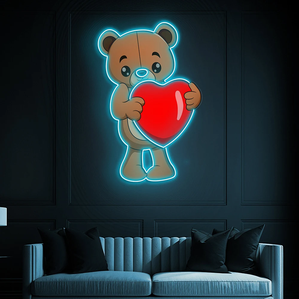 Orso con cuore Neon Sign Cute Bear LED Wall Art Heart Neon Decor Sweet Home Bedroom Decoration Custom Anime Neon Light Signs