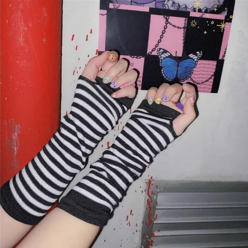 Fashion Night Club Pole Dancing Striped Gloves Women Sexy Fingerless Arm Warmers Lolita Anime Cosplay Accessories Party Gloves