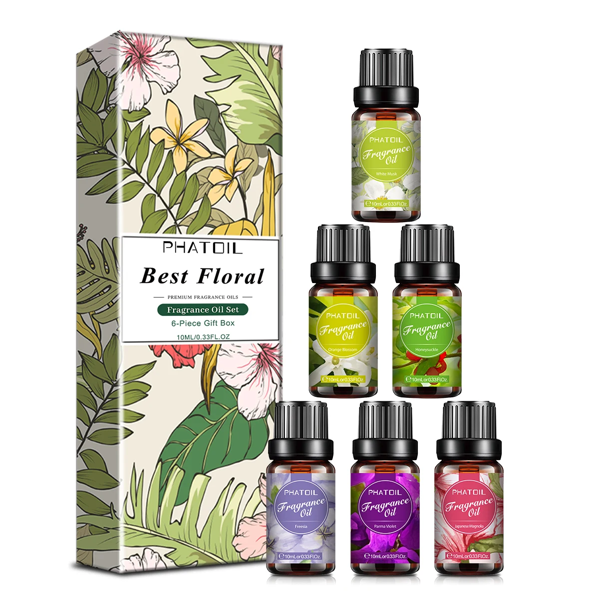 PHATOIL Juego de aceites aromáticos de flores, 6 uds., para difusor-10ML, almizcle blanco, flor de naranja, madreselva, Freesia, Parma, violeta, Magnolia