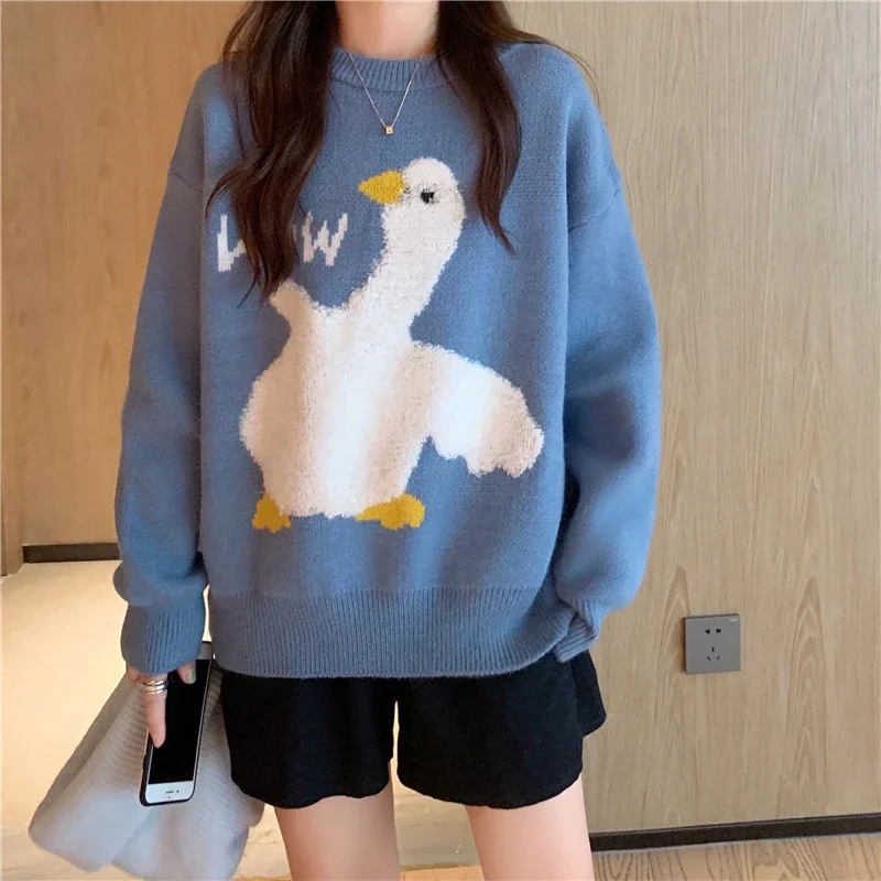 Sweet Girls Casual O-Neck Pullovers Preppy Style Loose Cartoon Jumpers Autumn Winter Warm Tops Wow White Duck Knitted Sweater