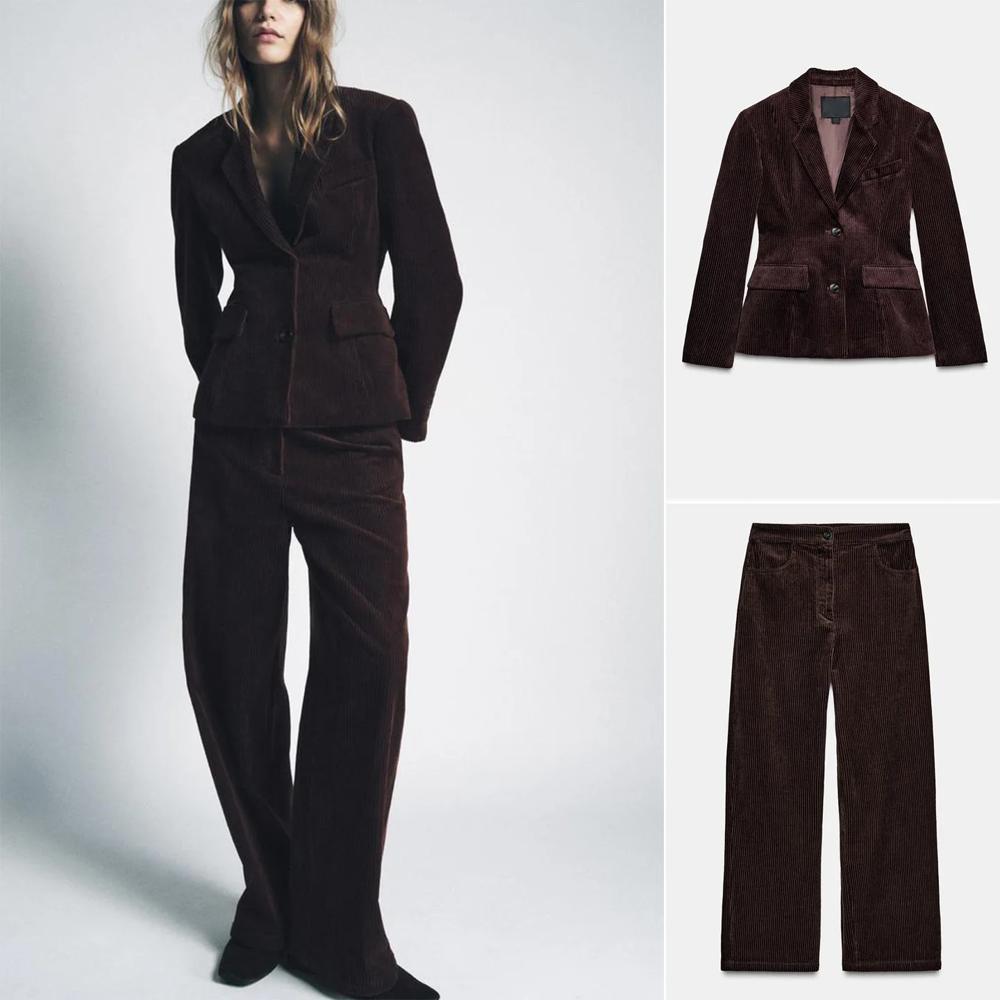 Conjunto de Dos Piezas de Chaqueta de Pana de Manga Larga con Solapa de Muesca y Pantalones de Pierna Ancha de Cintura Alta, Estilo de Invierno para Mujer