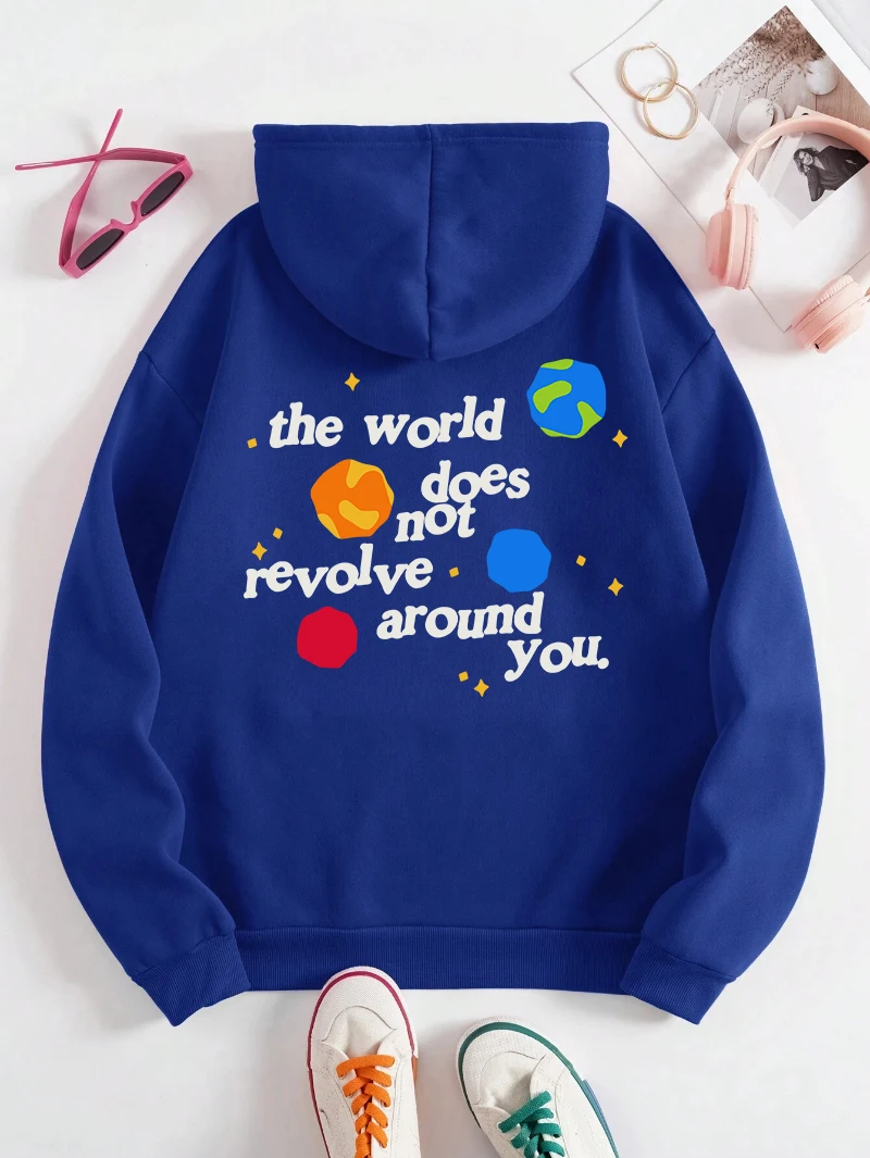 The World Does Not Revolve Around You Hoodie Men Women Letter Prints Sweatshirt Fleece Warm Pocket Loose Pullover Winter Clothes