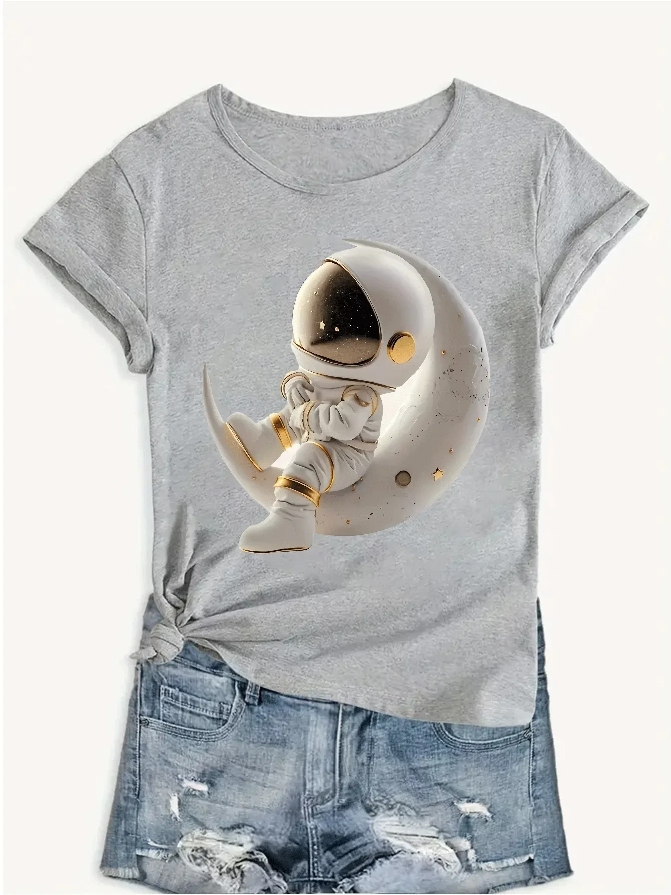 With Crescent Stars Medium-Stretch Polyester Round Casual Summer Women's Astronaut Graphic T-Shirt Space-Themed Print