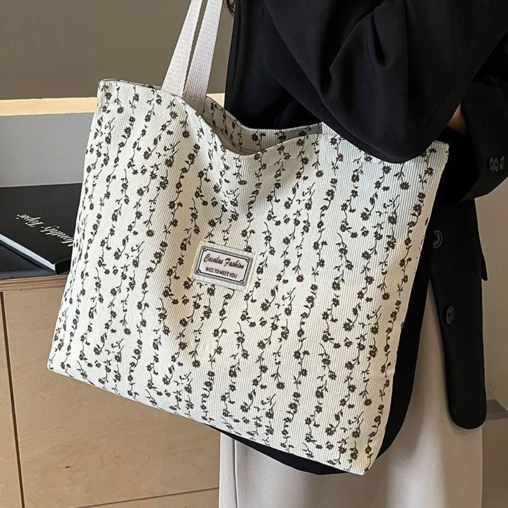 Fashion Floral Canvas Tote Bag Reusable Large Capacity Shoulder Bag Lightweight Shopping Bag Women