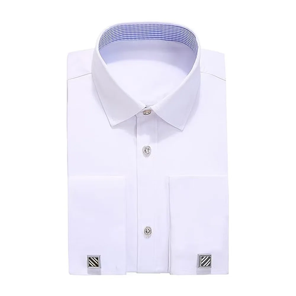 M~6XL Easy Care Men's French Cuff Dress Shirt White Long Sleeve Formal Social Business Male Shirts Regular Fit Cufflinks Shirt
