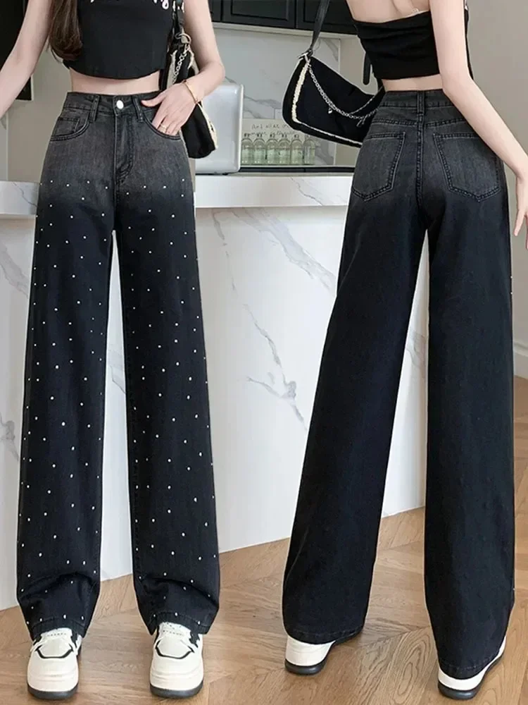 

Korean Casual Fashion Y2K Unique Sticky Diamond High Street Loose Women Jeans New Women's High Waist Loose Narrow Wide Leg Jeans