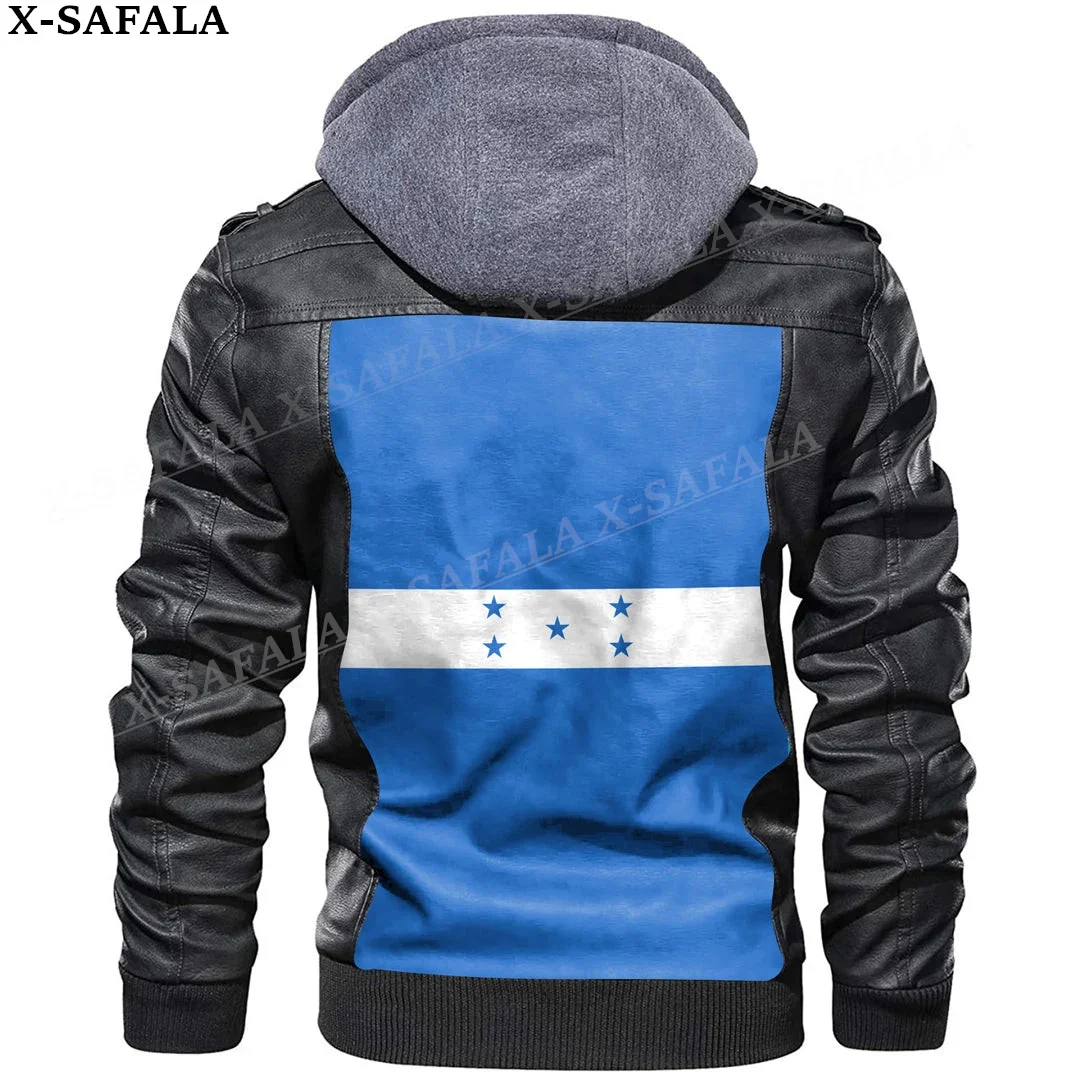 Honduras Country Flag Leather Jacket Men Winter Fleece Motorcycle Faux Leather Jacket Removable Fur Collar Windbreaker Coat-1