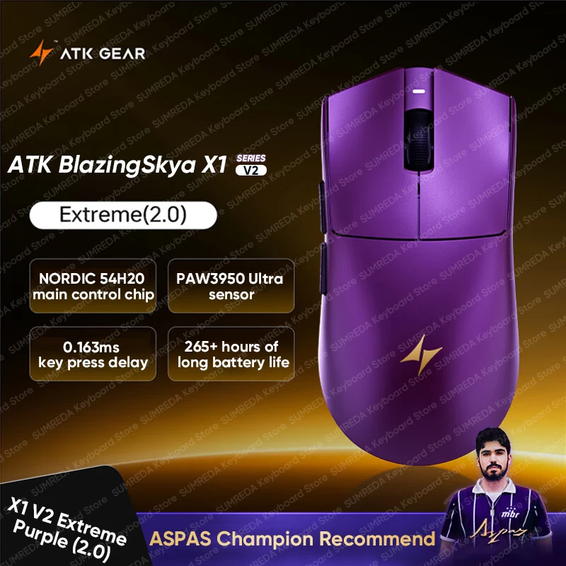 ATK X1 V2 UltraMax Ultimate Wireless Gaming Mouse PAW3950Ultra 8KHz 0.163 key press delay NORDIC54 Series Chip FPS Gaming Mouse