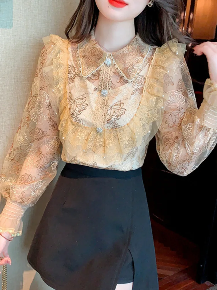 #3256 Spring Summer Lace Blouse Femme Polo Collar Vintage Split Joint Ruffles Mesh Perspective Women Shirts Slim Thin Embroidery