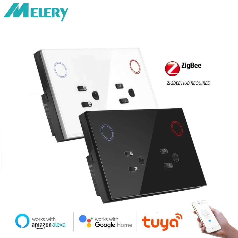 Melery Zigbee Tuya Smart US Spina elettrica 16A Presa a muro Pannello in vetro temperato Presa di temporizzazione App Smart Life Google Home Alexa
