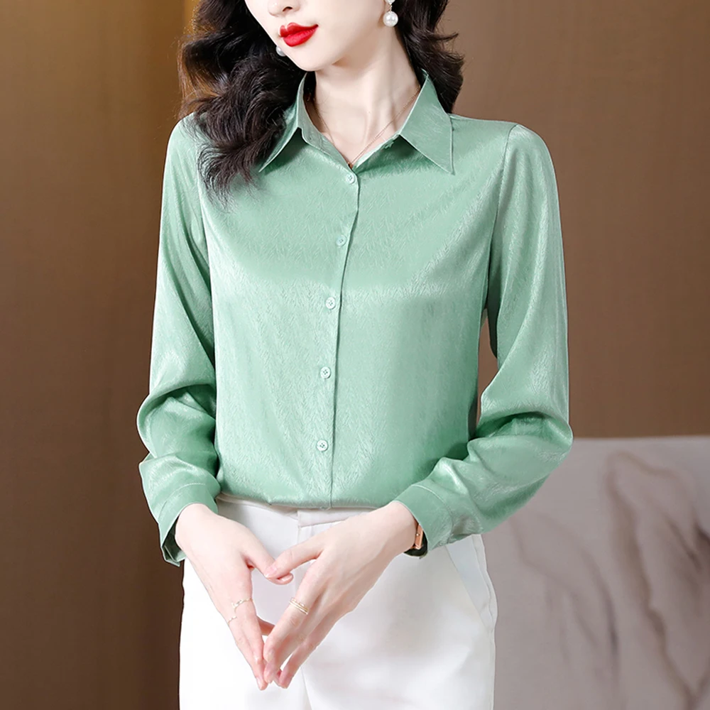 Women Thin Satin Shirts Long Sleeve Jacquard Fashion Women Blouses 2024 Elegant Office Lady OL Basic Tops Casual Clothing