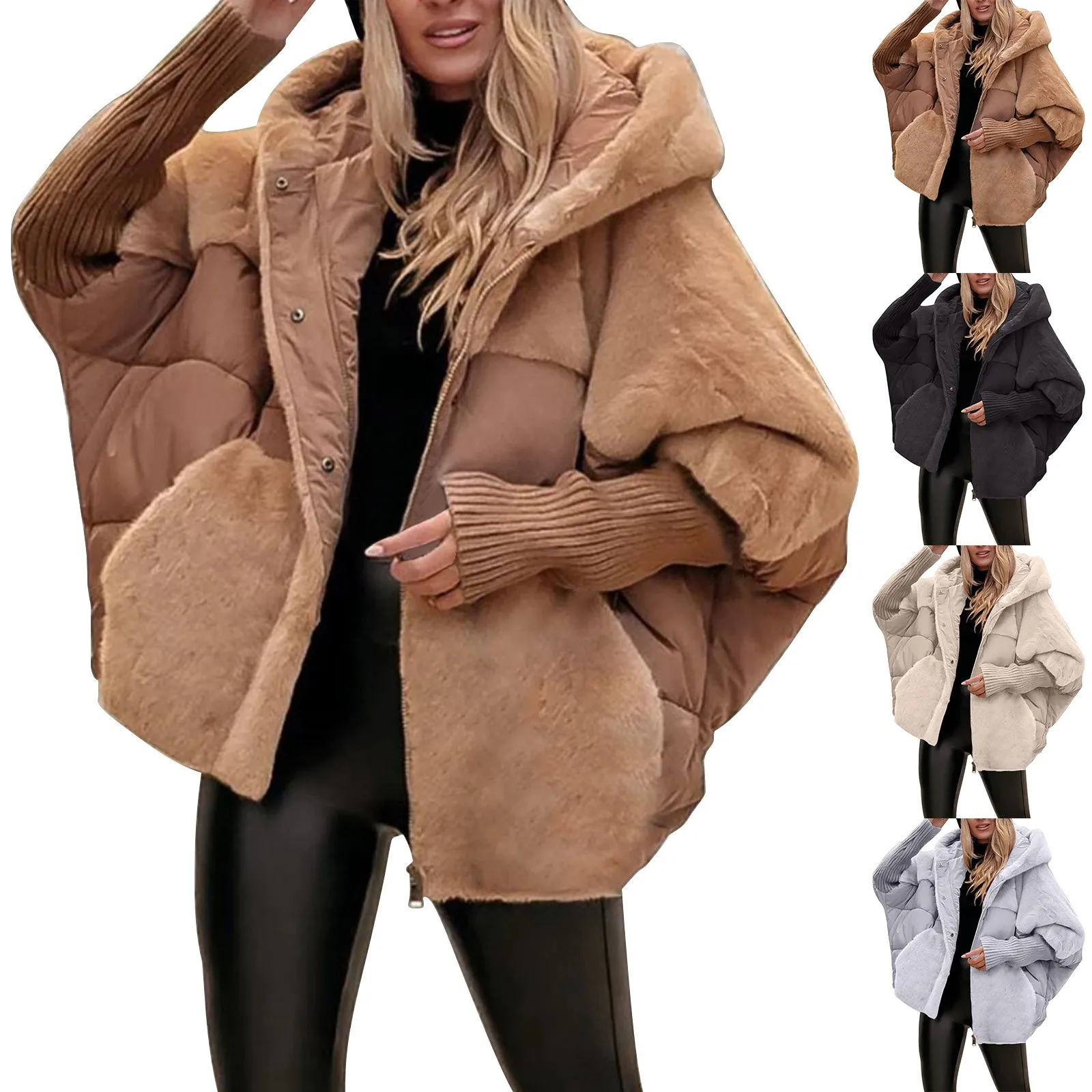 Women's Loose Cotton Coat Faux Fur Patchwork Winter Coat Comfort Chic Long Sleeve Hooded Jacket Female Outwear Overcoat