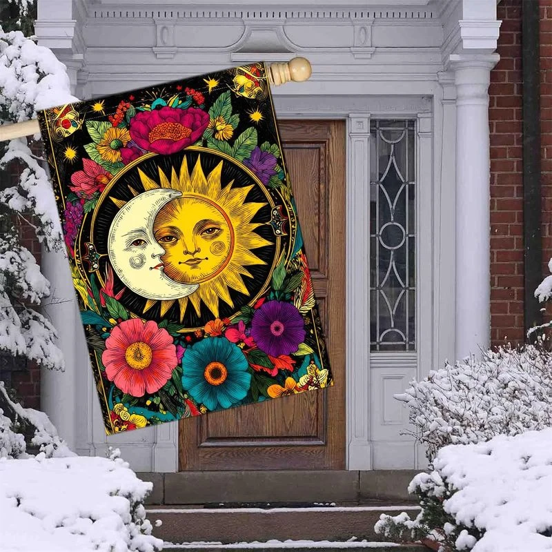 1pc Boho Celestial Sun and Moon Garden Flag Vibrant Floral Outdoor Yard Decor Weatherproof and Machine Washable