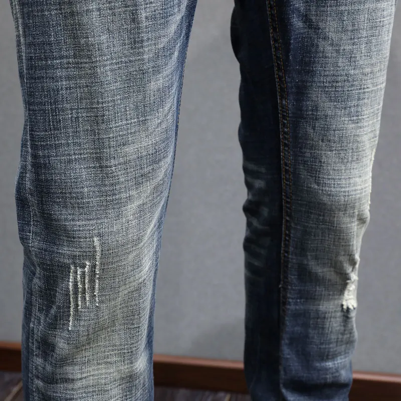 Fashion Designer Men Jeans High Quality Retro Washed Blue Stretch Slim Fit Ripped Jeans Men Vintage Casual Denim Pants Hombre