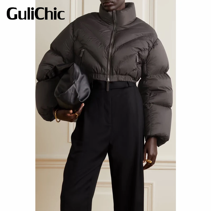 10.13 GuliChic Women Fashion Short Zipper Stand Collar Quilted Down Coat Jacket