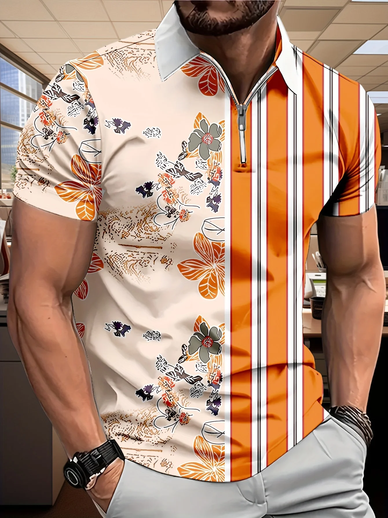 2026 New Hot Summer Men's Hawaiian Beach Striped Patchwork Color Casual POLO Camouflage Flower Beach Print Fashion Holiday Gift
