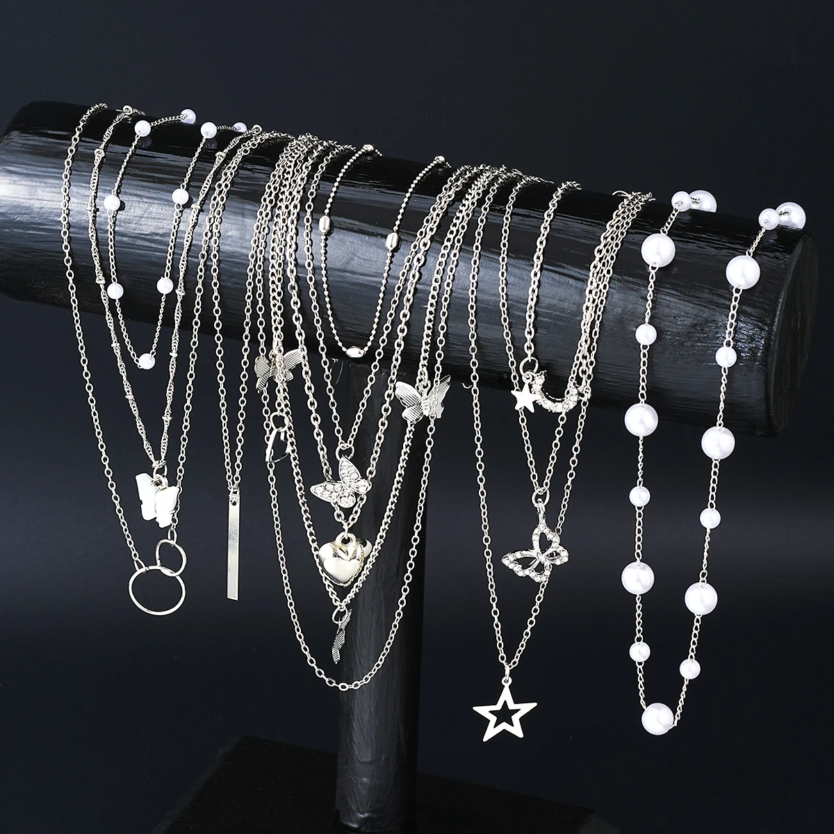 11pcs Simple Heart Butterfly Moon Pendant Necklaces For Women Elegant Silver Color Star Crystal Imitation Pearl Jewelry Set 2025
