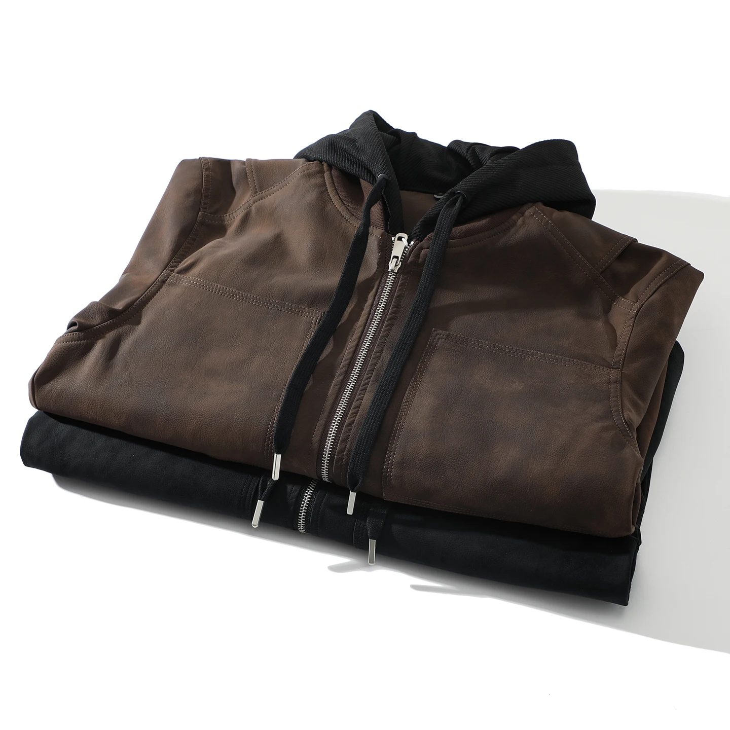 

Men's Waed PU Leather Hooded Jaet Thiened Windproof Biker Coat Detachable Fake Two-Piece Autumn Winter Casual Sle