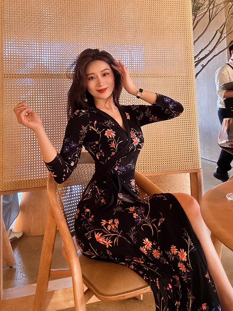 

YANGXIAOJING Женское платье с завышенной талией, облегающее, с винтажным принтом, с поясом, модное, элегантное, осеннее, повседневное